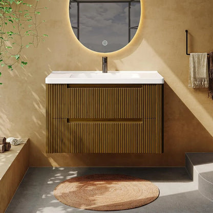 Modern Bathroom Vanity with Sink Combo,Curved Floating Bath Vanity with 2 Soft Close Drawer,Wall Mount Bathroom18.8Dx24Wx20.2"H