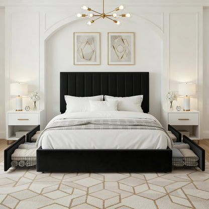 Full/Queen/King Velvet Storage Bed Frame with Adjustable Vertical Channel Headboard,4 Large Drawers, No Box Spring Needed