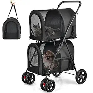 Double Pet Stroller with 2 Detachable Carrier Bags, Safety Belt, 4 Lockable Wheels, Folding Cat & Dog Stroller for Small Medium