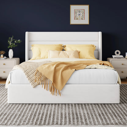 Lift Up Storage Bed with Wingback Headboard/Heavy-Duty Hydraulic Bed/Large Underneath Storage Allewie