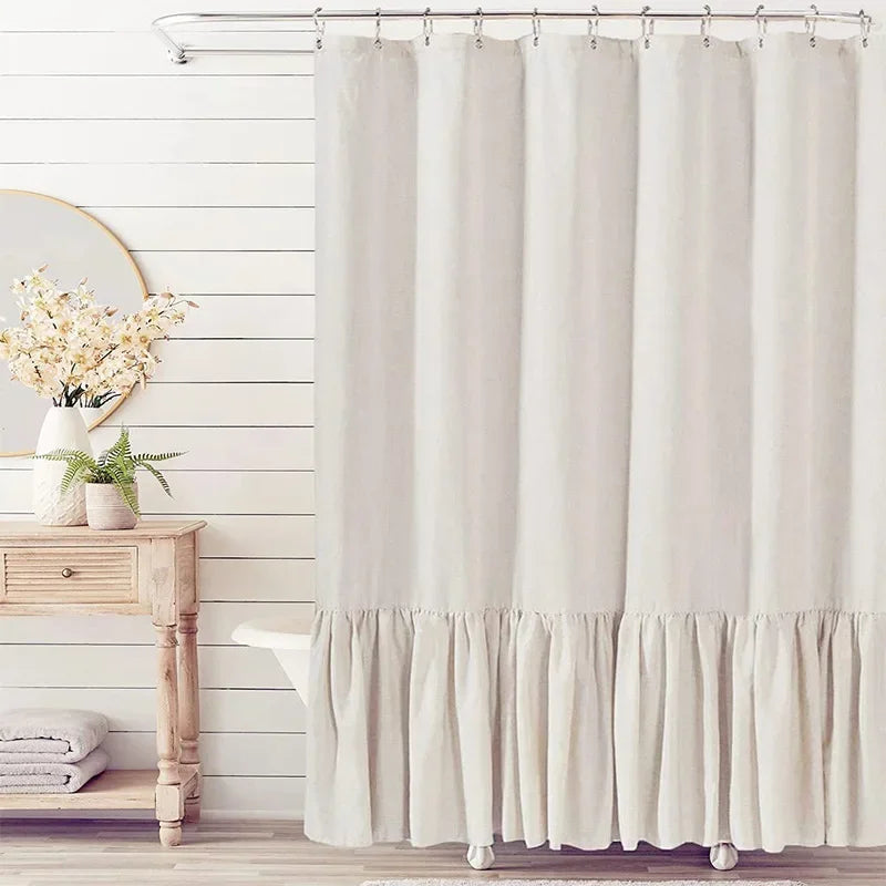 Cotton Linen Plain Shower Curtain with 12 Hooks Waterproof Floral Falbala Ruffle Edge Frill Scalloped Hem Decor Bathroom