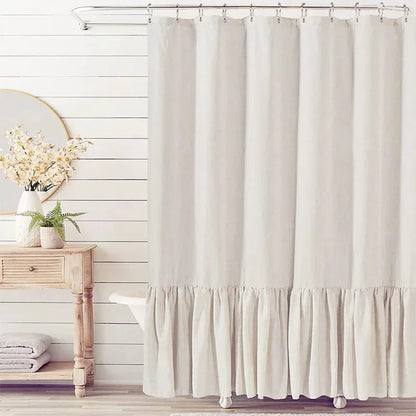 Cotton Linen Plain Shower Curtain with 12 Hooks Waterproof Floral Falbala Ruffle Edge Frill Scalloped Hem Decor Bathroom