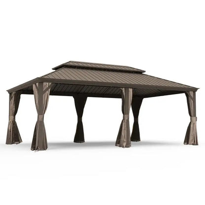 14x24 Hardtop Gazebo, Upgraded Metal Canopy with Drainage, Dual-Layer Galvanized Steel Roof, Includes Curtains & Netting,