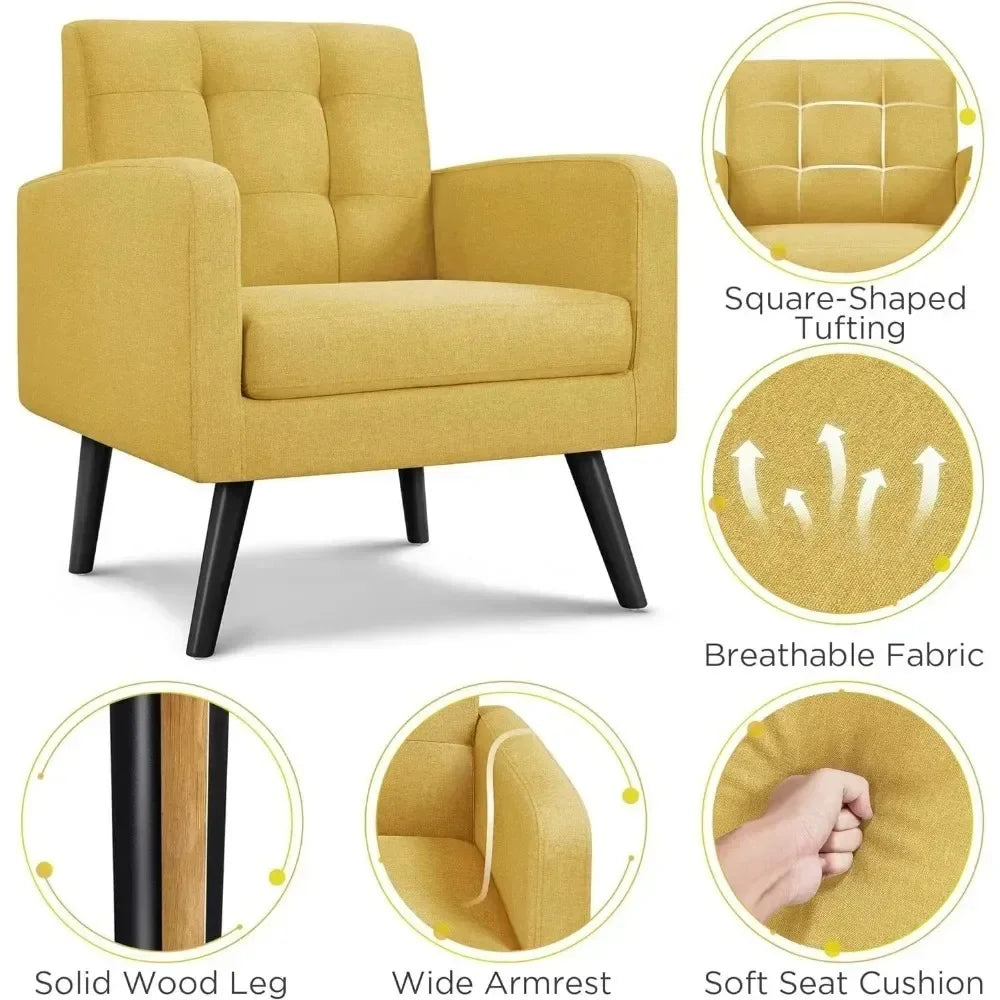 Mid-Century Style Armchair, Modern Upholstered Living Room Chair with Button Tufted Back and Solid Wood Legs