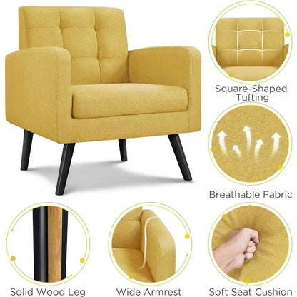 Mid-Century Style Armchair, Modern Upholstered Living Room Chair with Button Tufted Back and Solid Wood Legs