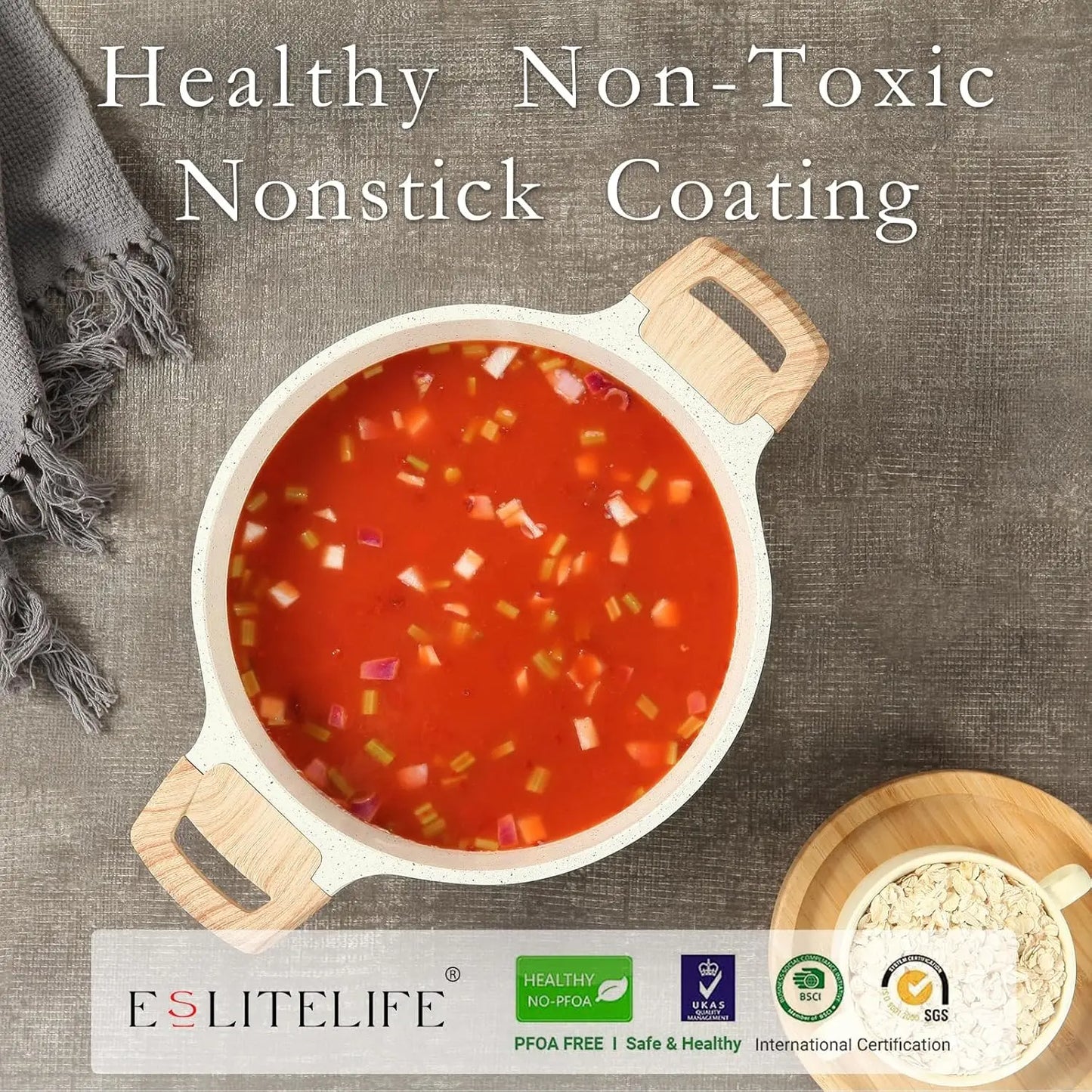 7 Quart Nonstick Stock Pot with Lid, Granite Casserole Large Soup Pasta Cooking Pot, Induction Compatible & Easy Clean