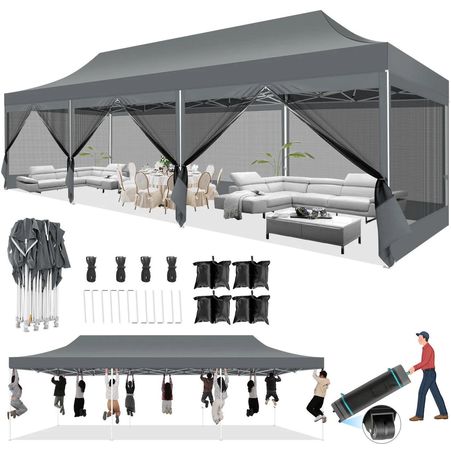 10x30FT Canopy Tent with 8 Sidewalls,Heavy Duty Pop up Canopy Party Tent with Mosquito Netting,Easy up Screen Canopy for Parties