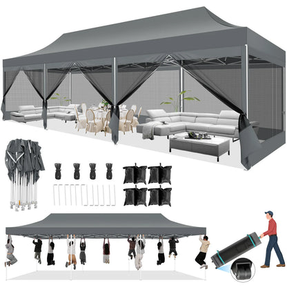 10x30FT Canopy Tent with 8 Sidewalls,Heavy Duty Pop up Canopy Party Tent with Mosquito Netting,Easy up Screen Canopy for Parties