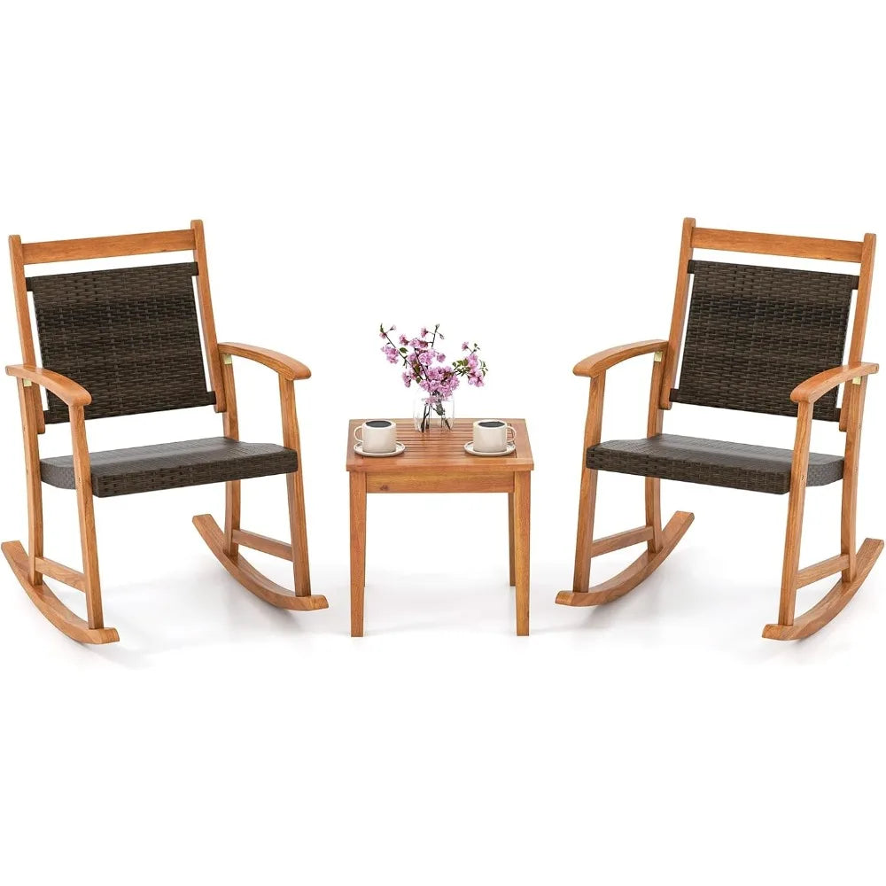 Patio Rocking Chair Set ,3 pieces Patiojoy Acacia Wood Rocker with Side Table, Outdoor Chairs with Wicker Rattan Seat & Backres