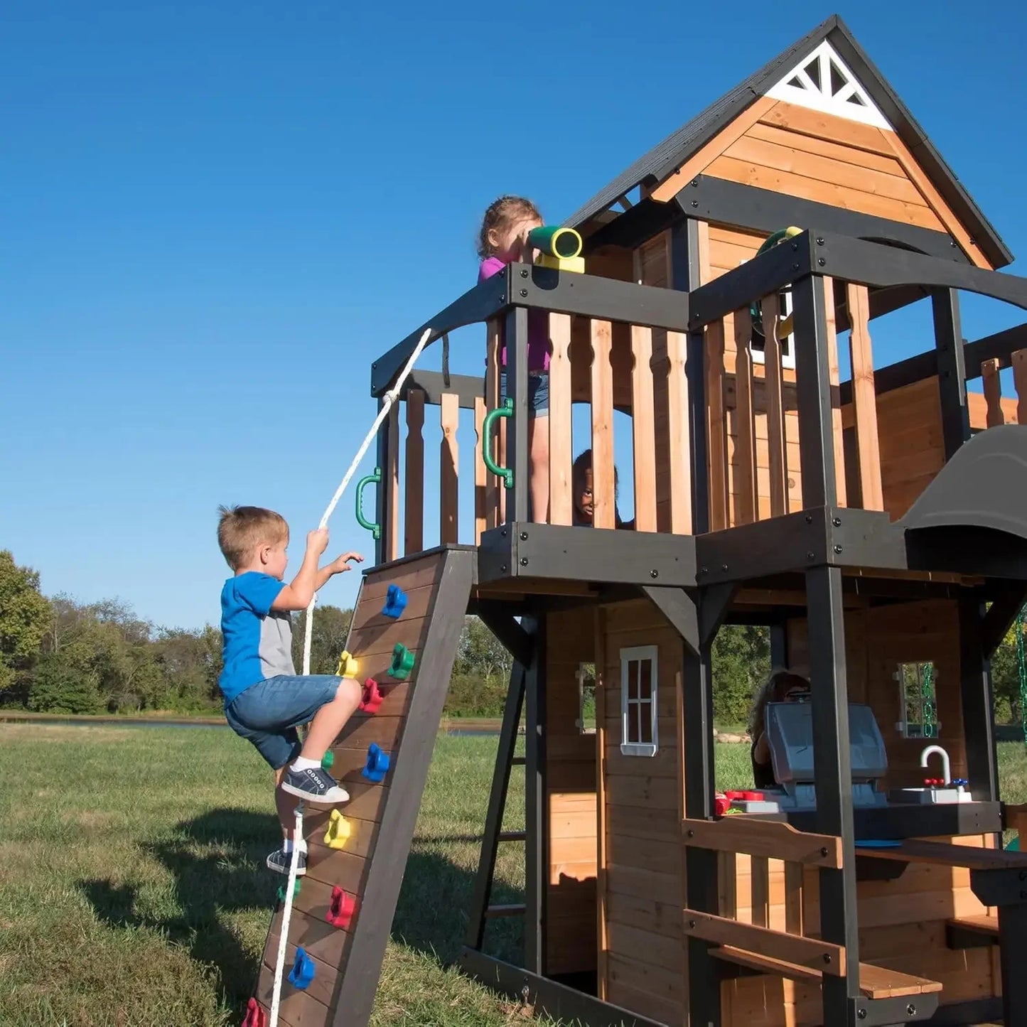 Cedar Wood Swing Set with Wave Slide, Clubhouse, Play Kitchen, Picnic Area, Belt Swings, Web Swing, Rock Wall,