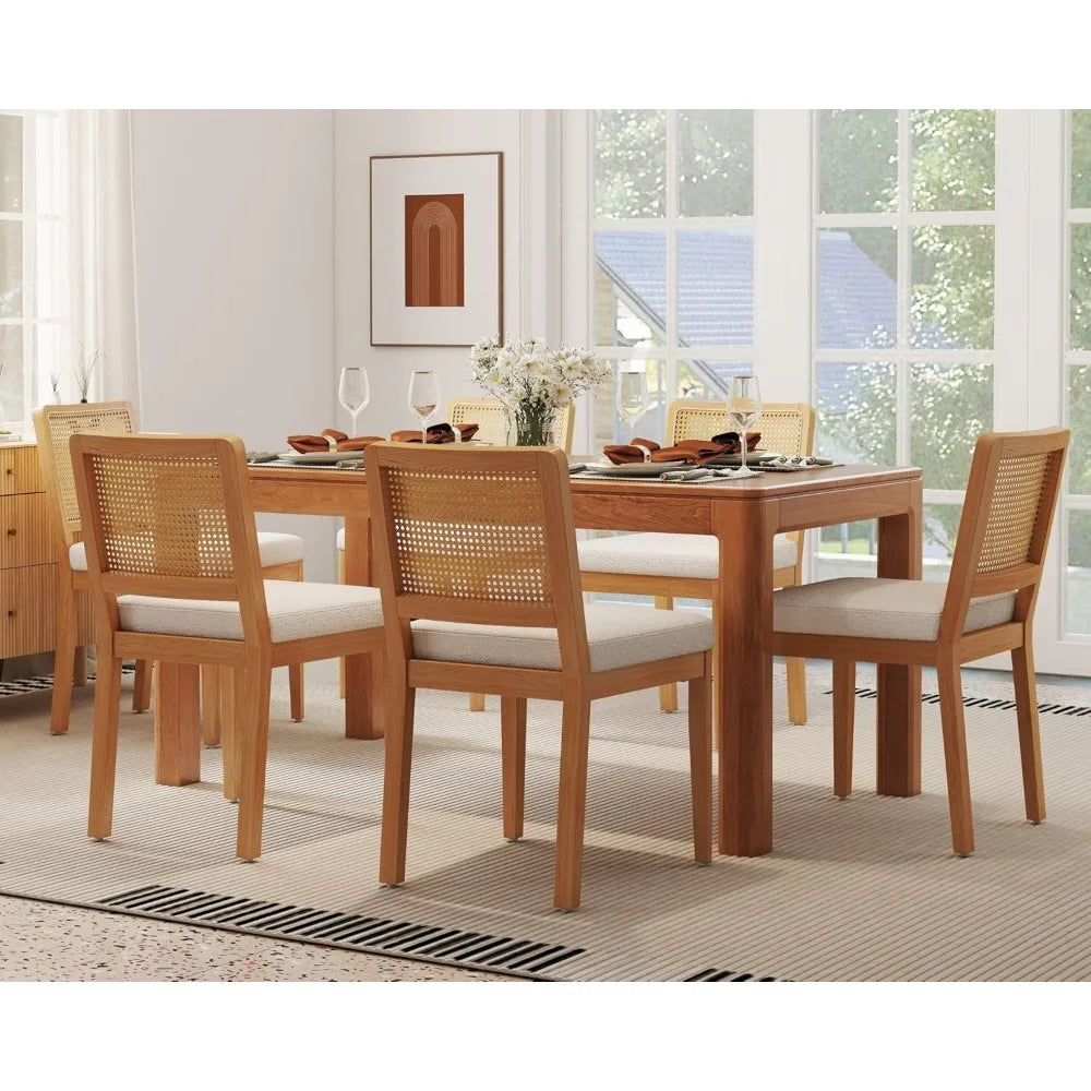 Modern Farmhouse Rattan Dining Chair Set of 6 Beige Chenille Upholstered Dining Chairs with Rattan Back