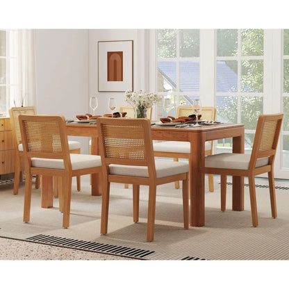 Modern Farmhouse Rattan Dining Chair Set of 6 Beige Chenille Upholstered Dining Chairs with Rattan Back