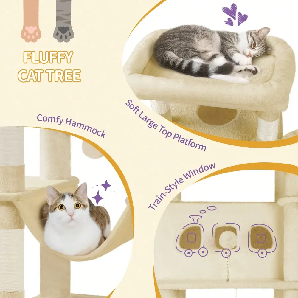 Cat Tree, 67 Large Tall Cat Tower For Indoor Cats, MultiLevel Cats House With Condo, 8 ching Posts, Hammock, 4 Pom Poms, B