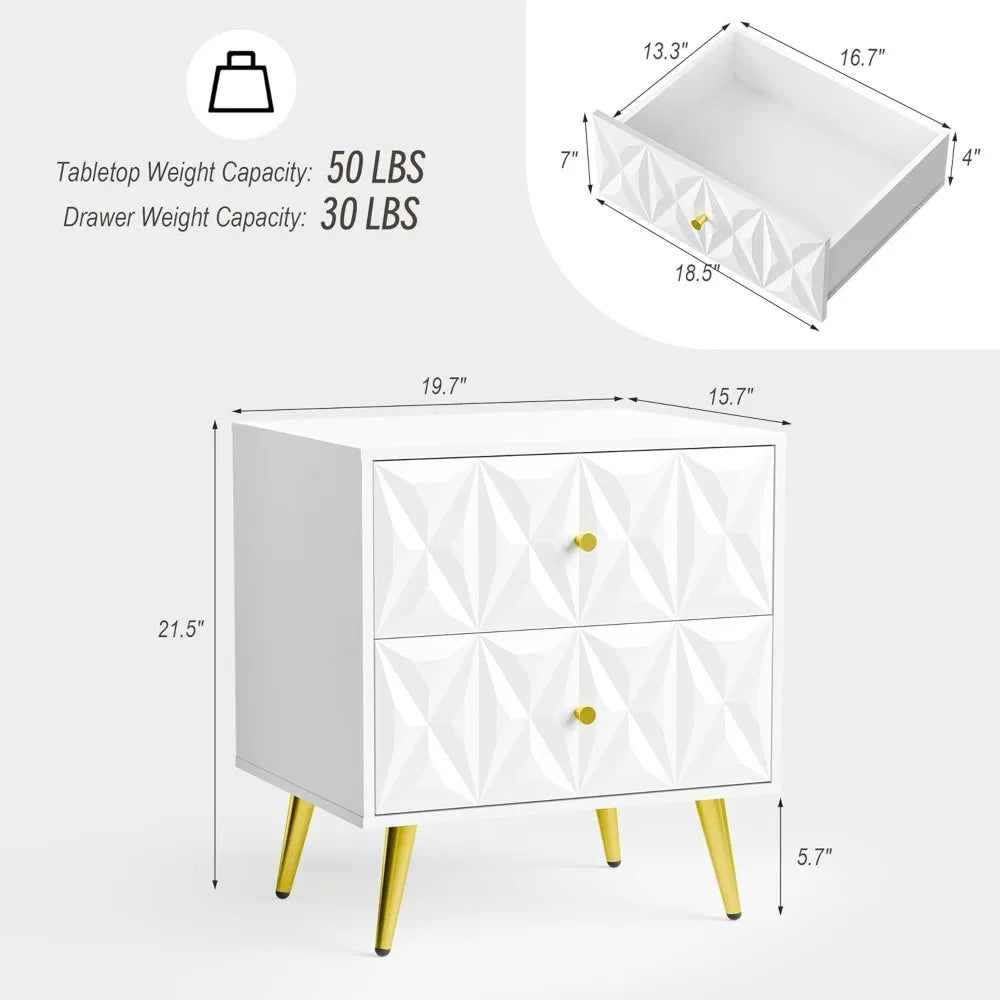 White Night Stand Set of 2, Wide Embossed Nightstand with 2 Drawers