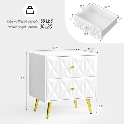 White Night Stand Set of 2, Wide Embossed Nightstand with 2 Drawers