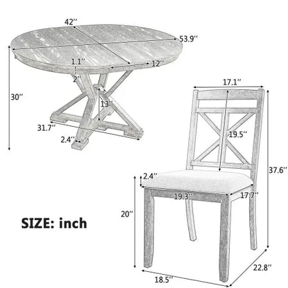 5-Piece Retro Functional Dining Table Set Extendable Round Table and 4 Upholstered Chairs for Dining Room and Living Room (Grey)