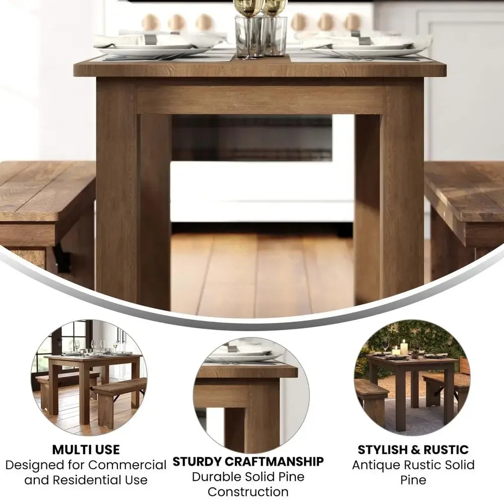 Rustic Solid Wood Dining Table with Square Legs Farmhouse Style Seats 4 Strong Pine Kitchen Table Indoor Furniture 46"x30