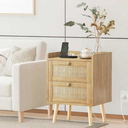 Rattan Nightstand with Charging Station Set of 2