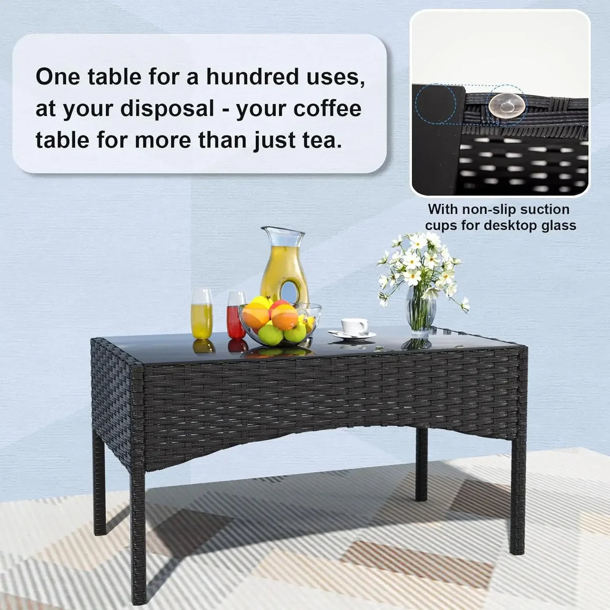4-Piece Outdoor Patio Furniture Set, Wicker Rattan Chairs & Sofa with Cushions and Glass Coffee Table, Conversation Set for Back