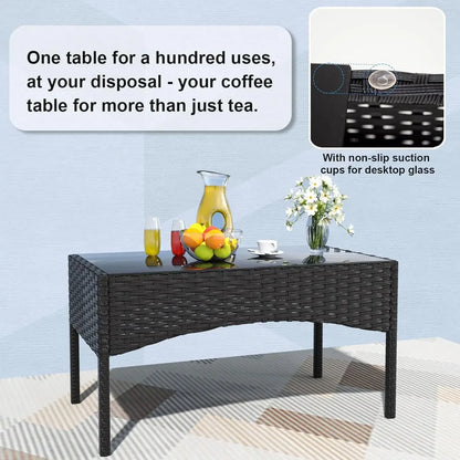 4-Piece Outdoor Patio Furniture Set, Wicker Rattan Chairs & Sofa with Cushions and Glass Coffee Table, Conversation Set for Back