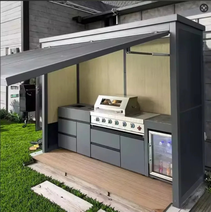 Customizable Rust-Resistant Powder Coated Outdoor Kitchen Station with BBQ Grill, Fridge & Sink for Coastal Areas