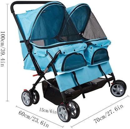 Double Pet Stroller, Foldable Double Dog Stroller for 2 Dogs Cats with 4 Wheels, Twin Walk Jogger Travel Pet Carriage Cart