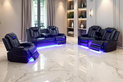 Hot salesPower Recliner Sofa Set, Black Leather 3 Pieces Sectional Couch, Living Room Furniture Sets with LED Light, Modern Powe
