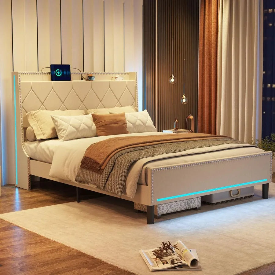 Queen Size Bed Frame with Integrated LED Lights Upholstered Headboard Builtin Charging Station Ample Storage Space Beneath the