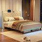 Queen Size Bed Frame with Integrated LED Lights Upholstered Headboard Builtin Charging Station Ample Storage Space Beneath the
