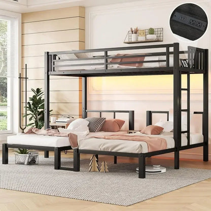 Sturdy Metal Triple Bunk Bed with LED Lights, Storage, and Charging Station for Kids