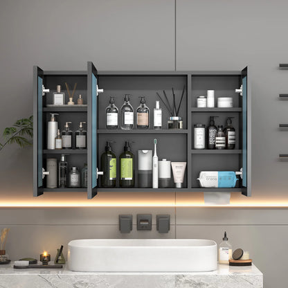 Large Wall Mounted Medicine Cabinet 3 Door Bathroom Mirror Storage Cabinet Modern Black Finish with Shelves