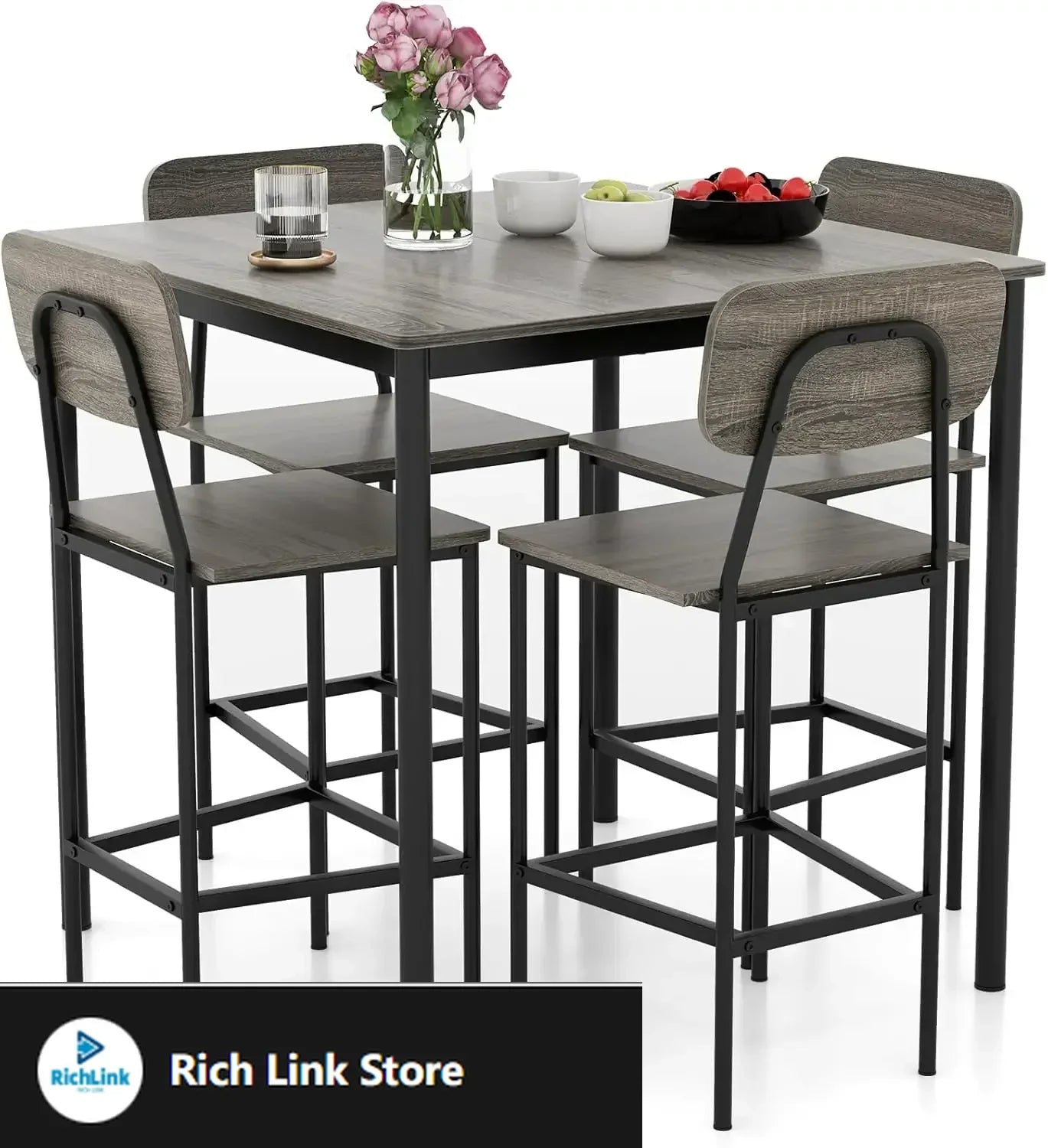 5-Piece Dining Table Set W/Counter Height Table & 4 Bar Stools, Modern Kitchen Dining Set W/Footrest & Backrest, Space-Saving