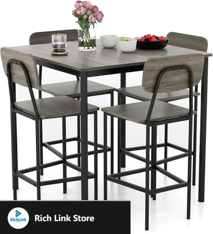 5-Piece Dining Table Set W/Counter Height Table & 4 Bar Stools, Modern Kitchen Dining Set W/Footrest & Backrest, Space-Saving