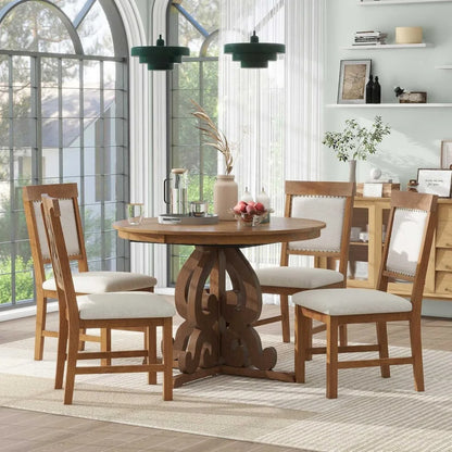 5-piece retro functional dining set, solid wood extendable dining table with a 16-inch leaf and 4 upholstered chairs