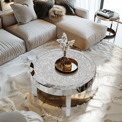 Mirrored Coffee Table with Crystal Inlay, 31.5'' Modern Round Coffee Table with Mirror Surface, Silver Accent Table