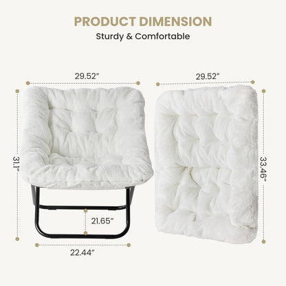 28IN Cozy Saucer Chairs Soft Faux Fur Large Size Folding Lounge Living Room Padded Seat Metal Frame Reading Chair Furniture