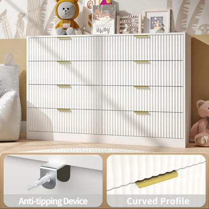 Fluted Dresser for Bedroom with 8 Drawer, 55” Wide White Double Drawer Dresser Modern Chest of Drawers with Metal Handle