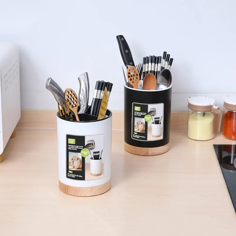 Kitchen Utensil Storage Holder Rotatable 3-Grid Tableware Drainer Chopstick Spoon With Removable Divider NE