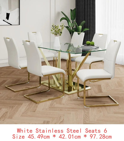 Elegant Glass Dining Table Set with Stainless Steel Base & 6 White Chairs - Modern Transparent Design for Dining Room