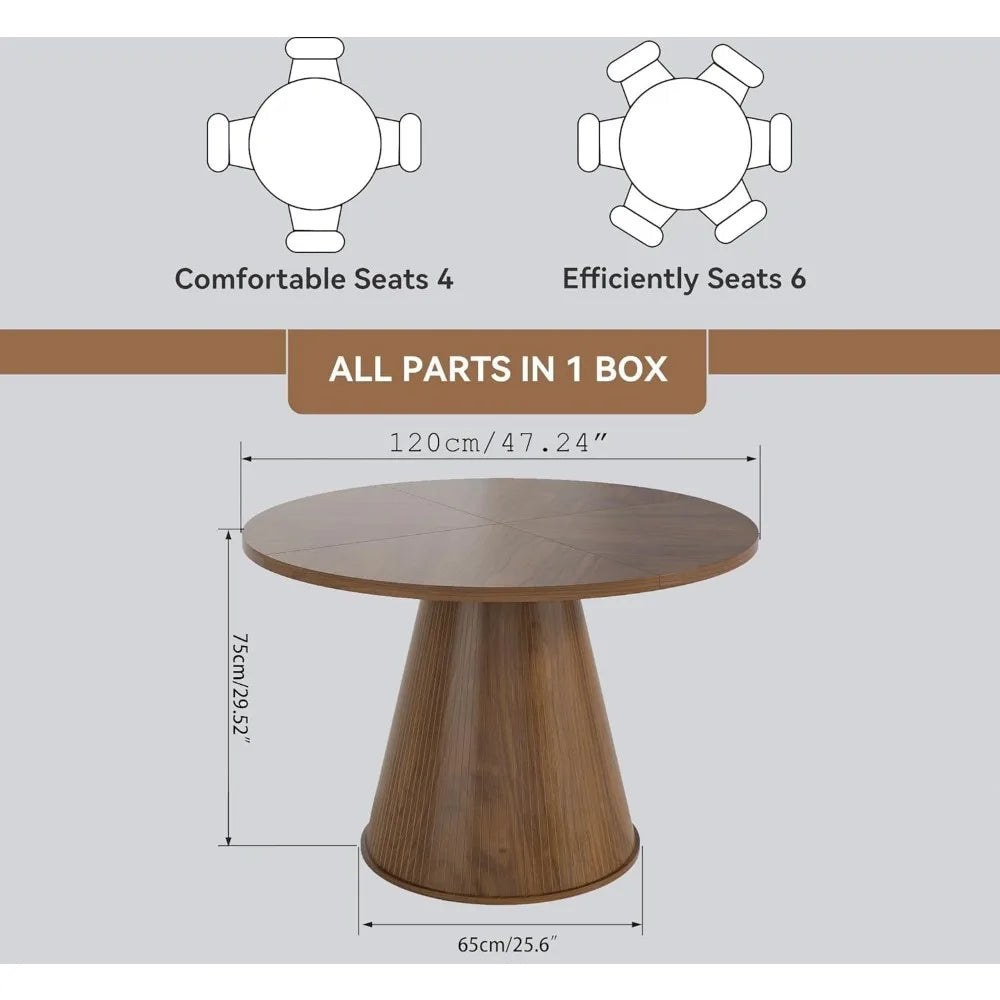 Round Dining Table for 4, Farmhouse Fluted Dining Kitchen Table, 47 Inch Modern Wood Small Circle Dining Table