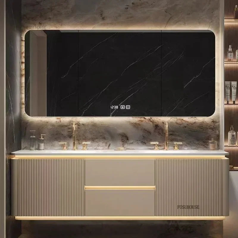 Luxury Bathroom Vanity Cabinets Set Modern Slate Single Double Basin Nordic Oak Storage Bathroom Drawer Slab Sink Mirror Cabinet