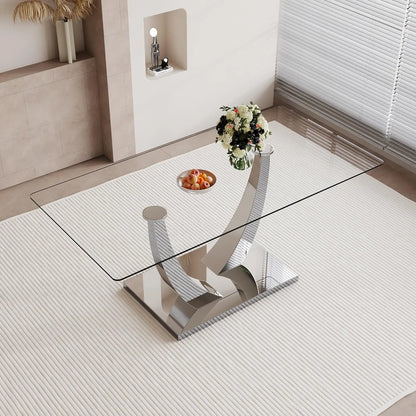 Glass Dining Table Set for 6, Modern Kitchen Table Set for 6, 71" Tempered Glass Tabletop with U-Shaped Gold Base, 7 Ppiece