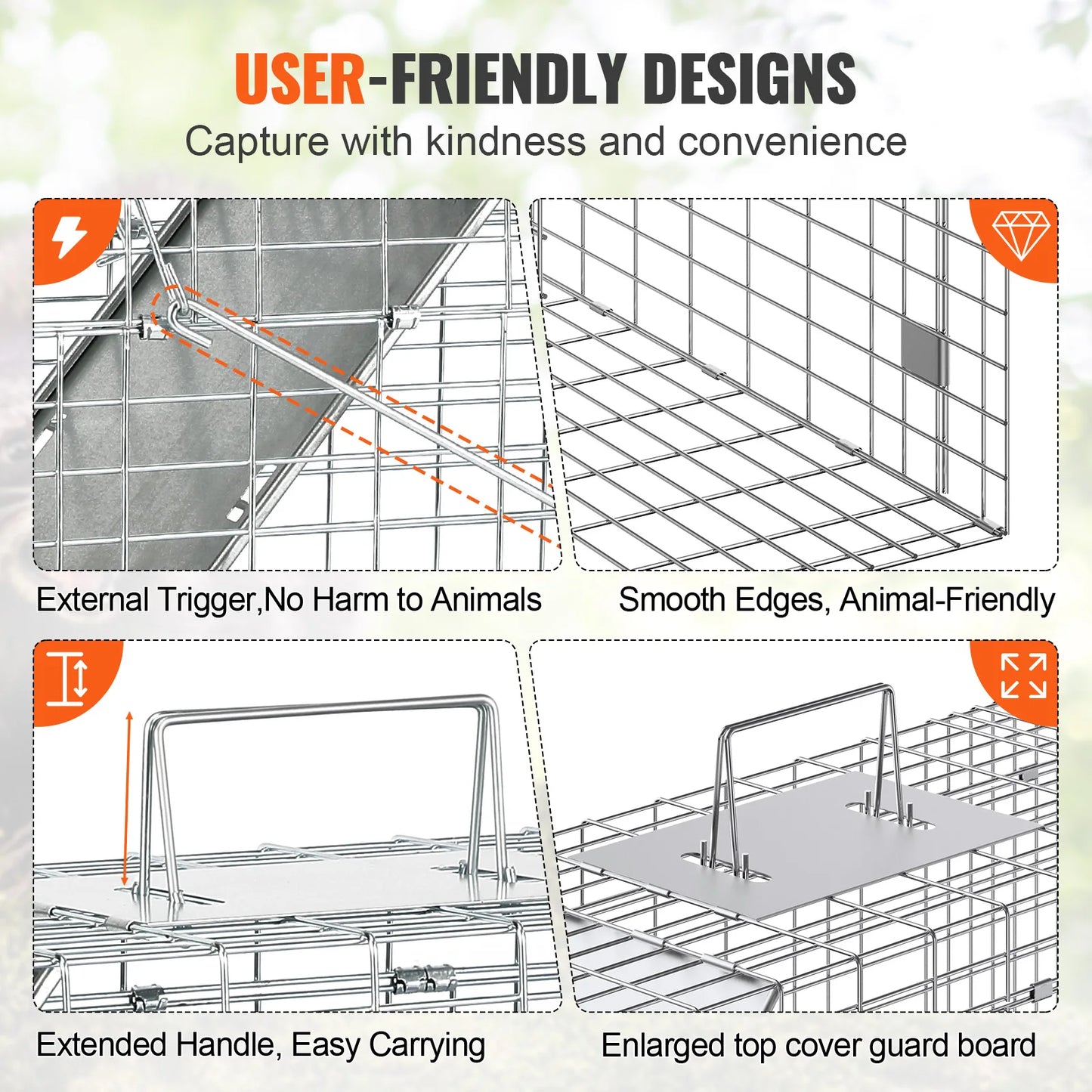 24/31/42/50in Animal Cage Trap Folding Humane Cat Trap Galvanized Iron with Handle for Rabbits Squirrels Groundhogs