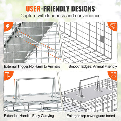 24/31/42/50in Animal Cage Trap Folding Humane Cat Trap Galvanized Iron with Handle for Rabbits Squirrels Groundhogs
