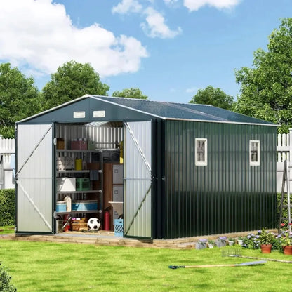 10X12X7.5 FT Outdoor Steel Storage Shed with Lockable Doors, 2 Windows, Transparent Roof Panels (Wood Panels & Frame Floor