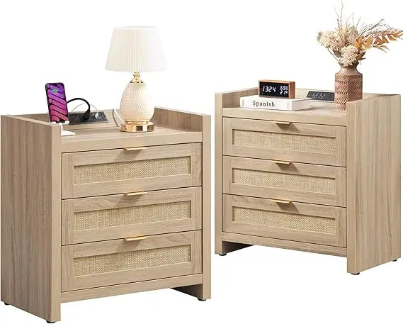 Set of 2 Rattan Night Stands with Type-C Charging Station