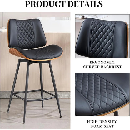 Swivel Bar Stools Set of 2,26.8"Counter Height Barstools in Modern Style,Armless Walnut Pub Chair PU Leather Bentwood