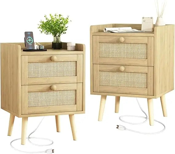 Rattan Nightstand with Charging Station Set of 2