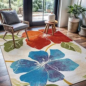 Solana Modern Floral 6'7" x 9'0" Area Rugs Non-Skid (Non-Slip) Rubber Backing Black Gray Flowers Indoor Rug