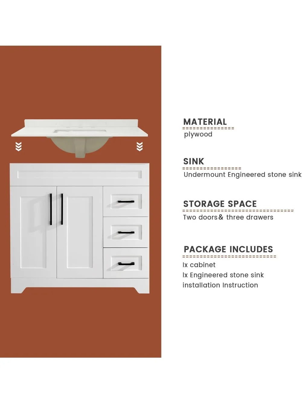 36" Luxurious Bathroom Vanity with White Stone Countertop and Rectangle Sink and Back Splash,2 Soft Closing Doors & 3 Full